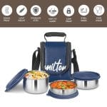milton tasty 3 lunch box with insulated fabric jacket, 3 stainless steel containers (210 ml, 340 ml, 500ml), leak proof tiffin for office, college, picnic, red