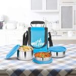 milton tasty 3 lunch box with insulated fabric jacket, 3 stainless steel containers (210 ml, 340 ml, 500ml), leak proof tiffin for office, college, picnic, red