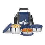 milton tasty 3 lunch box with insulated fabric jacket, 3 stainless steel containers (210 ml, 340 ml, 500ml), leak proof tiffin for office, college, picnic, red