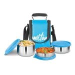 milton tasty 3 lunch box with insulated fabric jacket, 3 stainless steel containers (210 ml, 340 ml, 500ml), leak proof tiffin for office, college, picnic, red