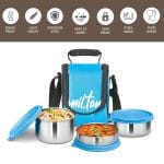milton tasty 3 lunch box with insulated fabric jacket, 3 stainless steel containers (210 ml, 340 ml, 500ml), leak proof tiffin for office, college, picnic, red
