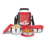 milton tasty 3 lunch box with insulated fabric jacket, 3 stainless steel containers (210 ml, 340 ml, 500ml), leak proof tiffin for office, college, picnic, red