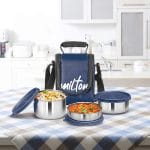 milton tasty 3 lunch box with insulated fabric jacket, 3 stainless steel containers (210 ml, 340 ml, 500ml), leak proof tiffin for office, college, picnic, red